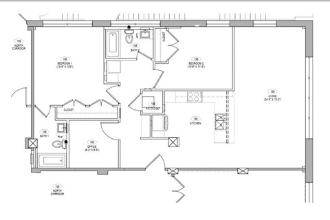 A floor plan of a house with a kitchen, living room, and two bathrooms.