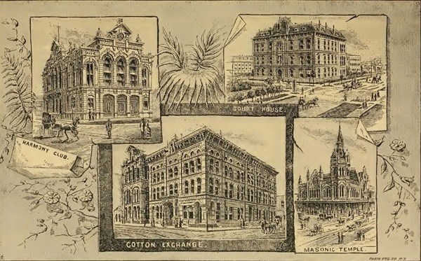 A vintage image of a building with the words "Cotton Exchange" written on it.