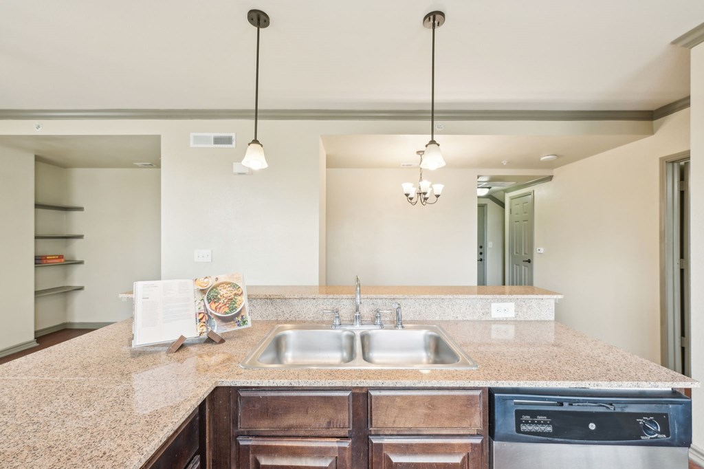 A kitchen with a sink and a dishwasher.
