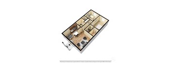 A 3D rendering of a house layout with a kitchen, living room, and bedrooms.