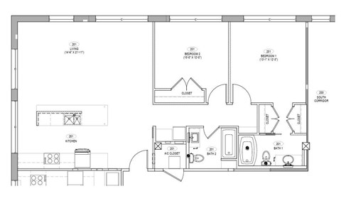 A floor plan of a house with a kitchen, living room, and two bedrooms.