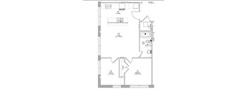 A floor plan of a house with a kitchen, living room, office, bathroom, and bedroom.