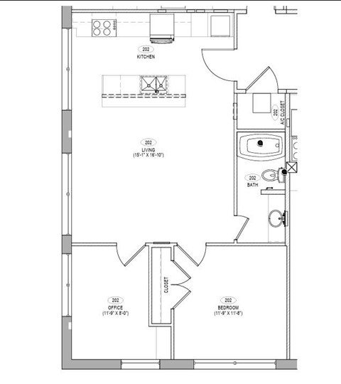 A floor plan of a house with a kitchen, living room, office, bathroom, and bedroom.