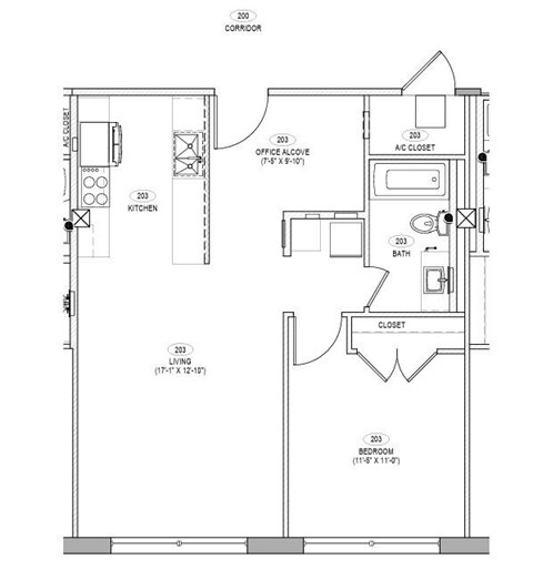 A floor plan of a house with a kitchen, living room, bedroom, bathroom, office, and closet.