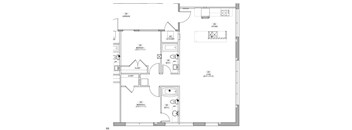 A floor plan of a house with two bedrooms, two bathrooms, a kitchen, and a living room.