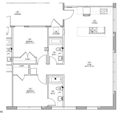 A floor plan of a house with two bedrooms, two bathrooms, a kitchen, and a living room.