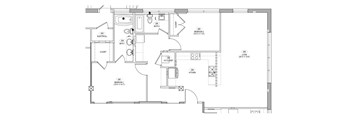 A floor plan of a house with a kitchen, living room, and bathrooms.