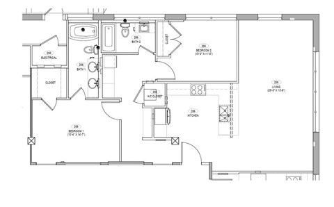 A floor plan of a house with a kitchen, living room, and bathrooms.