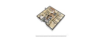 A 3D floor plan of a house with a kitchen, living room, and bedrooms.