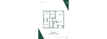 A floor plan of a 750 square foot home with three bedrooms and one bathroom.
