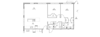 A floor plan of a house with a kitchen, living room, and two bedrooms.