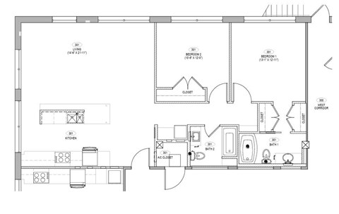 A floor plan of a house with a kitchen, living room, and two bedrooms.