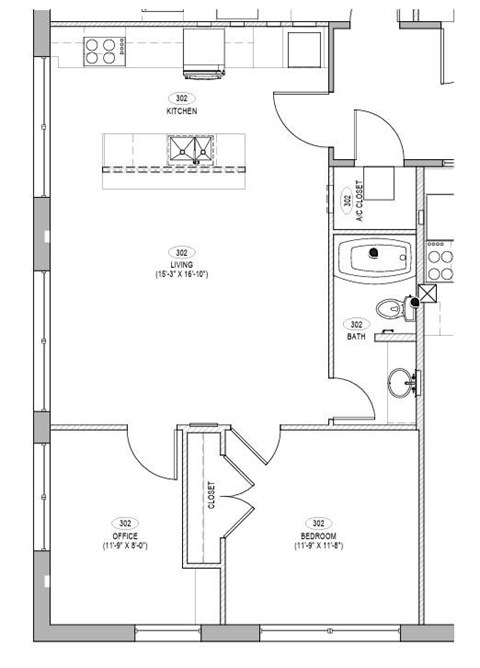 A floor plan of a house with a kitchen, living room, bedroom, bathroom, and office.