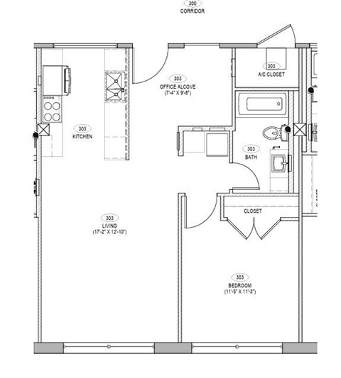 A floor plan of a house with a kitchen, living room, and bedroom.