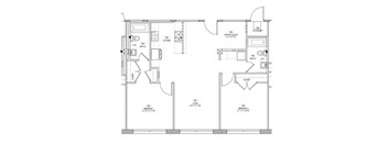 A floor plan of a house with a kitchen, living room, and two bathrooms.