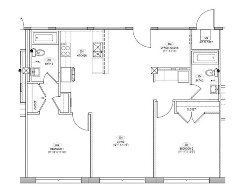 A floor plan of a house with a kitchen, living room, and two bathrooms.