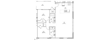 A floor plan of a house with a kitchen, two bedrooms, a bathroom, and a closet.