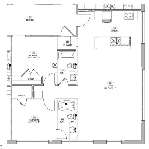 A floor plan of a house with a kitchen, two bedrooms, a bathroom, and a closet.