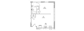 A floor plan of a small apartment with a bedroom, living room, kitchen, and bathroom.