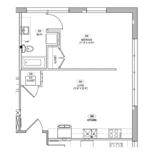 A floor plan of a small apartment with a bedroom, living room, kitchen, and bathroom.
