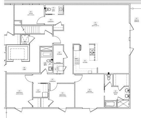 A black and white floor plan of a house with labeled rooms and appliances.