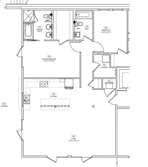 A floor plan of a house with a master bedroom, bathroom, laundry room, and kitchen.