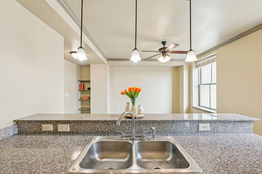 A kitchen with a granite countertop and a double sink.