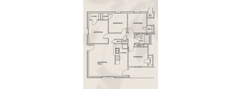 A floor plan of a house with four bedrooms, a kitchen, a living/dining room, and a bathroom.