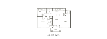A black and white drawing of a floor plan for a 765 square foot home.