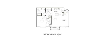 A floor plan of an apartment with a living room, dining room, kitchen, bathroom, bedroom and sunroom.
