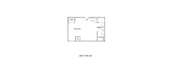 A floor plan of a unit type A9 with a kitchen, living/sleeping area, bathroom and clearance.
