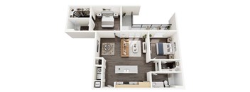 A top-down view of a modern apartment layout with a kitchen, living room, and bedroom.