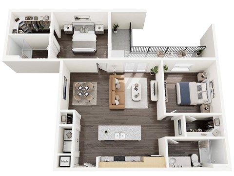 A top-down view of a modern apartment layout with a kitchen, living room, and bedroom.
