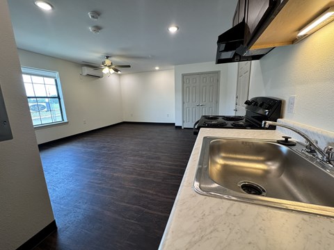A kitchen with a sink and a stove top oven.