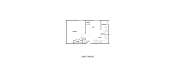 A floor plan of a unit type B7 showing the layout of a bedroom, living room, kitchen, bathroom, closet and a door.