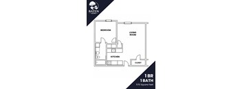 A floor plan of a 1 bedroom, 1 bathroom apartment with a living room and kitchen.