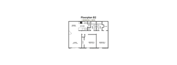 A black and white image of a floor plan for a two bedroom, two bath apartment.
