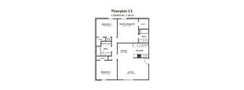A floor plan of a 3 bedroom, 2 bathroom apartment.