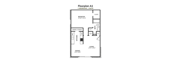 A drawing of a floor plan for a one bedroom, one bath apartment.