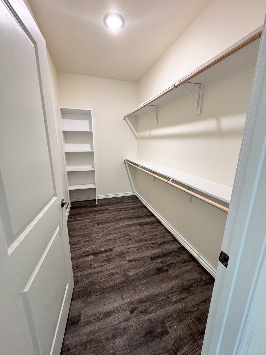 A walk-in closet with shelves and a door.