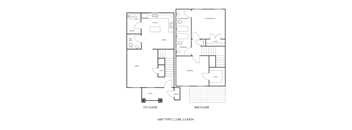 A floor plan of a two-story apartment with a living room, kitchen, dining room, bathrooms, and a storeage area.