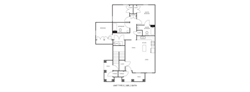 A black and white image of a floor plan for a 3 bedroom, 2 bathroom apartment.