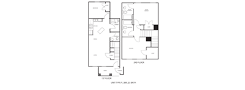 A black and white floor plan of a two-story apartment.