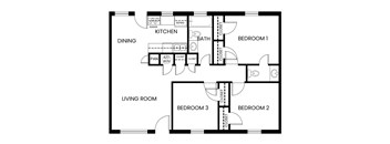A floor plan of a home with a living room, dining room, kitchen, and three bedrooms.