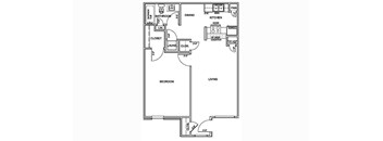A floor plan of a house with a living room, dining room, kitchen, and two bedrooms.