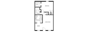 A floor plan of a small apartment with a living room, dining room, kitchen, and bathroom.