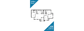 A floor plan for a 4 bedroom, 2 bathroom apartment with a total area of 1300 square feet.
