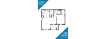 A floor plan for a 1 bedroom, 1 bathroom apartment with 748 square feet.