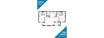 A floor plan for a 2 bedroom, 2 bathroom apartment.