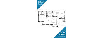 A floor plan for a 3 bedroom, 2 bathroom apartment.